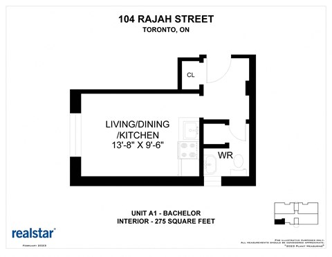 Floor plan for studio, 1 bath, 275 sqft